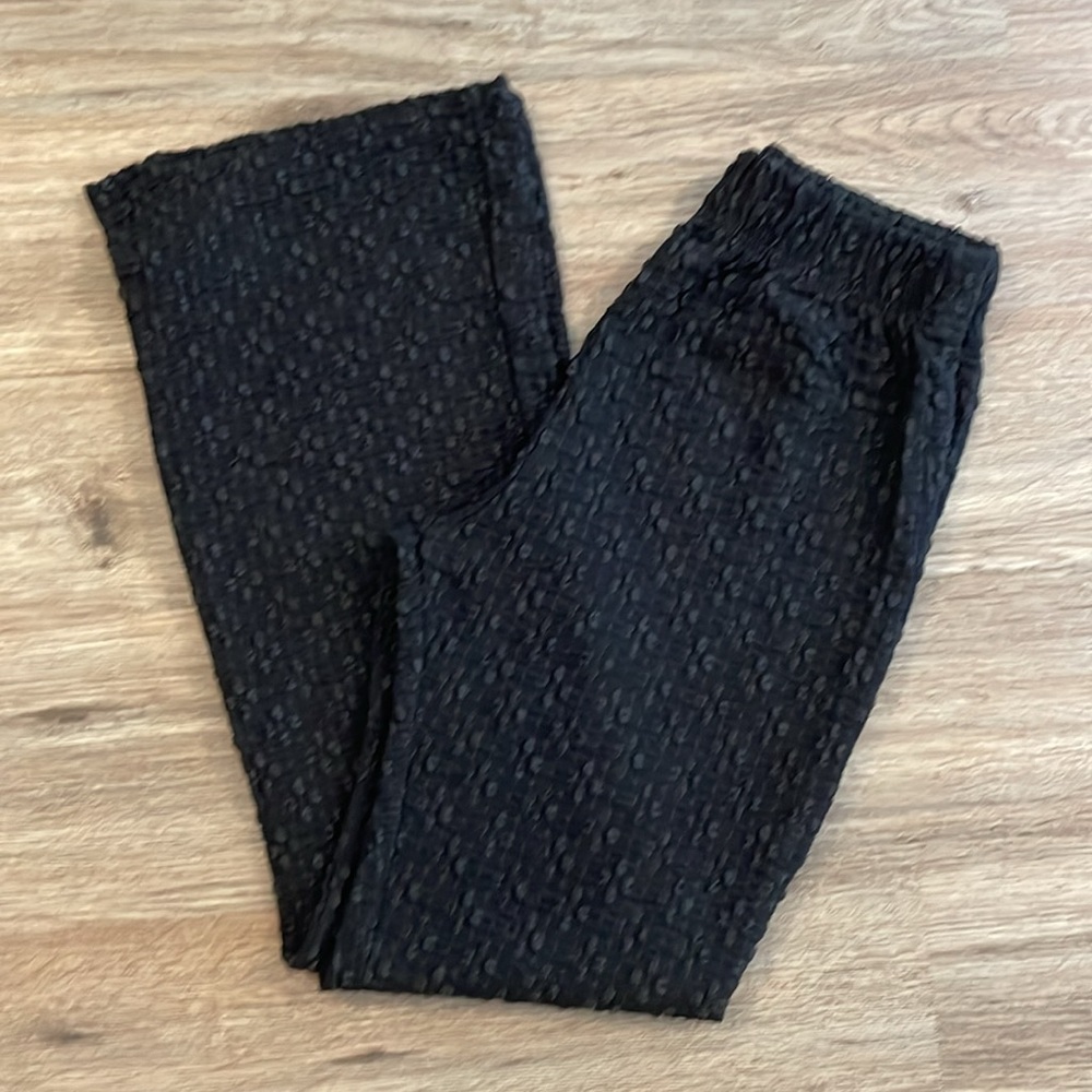 Handmade Black Semi Sheer Stretchy Flare Bell Bottom Pants with Textured Detail